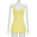 Women Clothing Summer Solid Color Halter Lace up Sexy Backless Sheath Dress