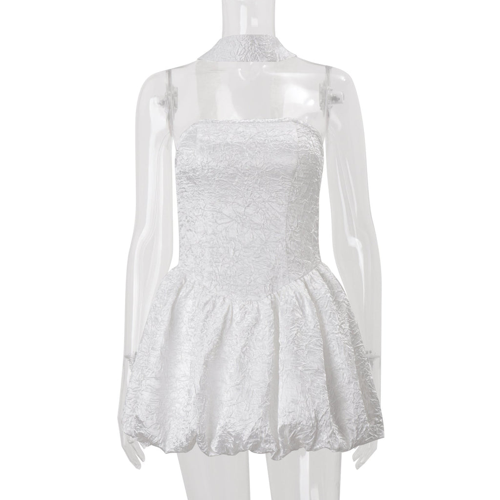 Women Clothing Autumn French Sexy Tube Top Dress Ribbon Fitted Waist Bubble Short Dress Bella Mia