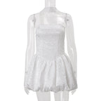 Women Clothing Autumn French Sexy Tube Top Dress Ribbon Fitted Waist Bubble Short Dress Bella Mia