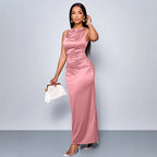 Summer Satin Pleated Sleeveless Slim Fit Maxi Dress Elegant Graceful Dress Bella Mia