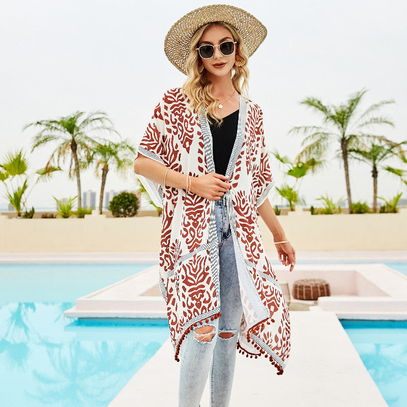 Spring Summer Striped Floral Print Pattern Chiffon Sun Protective Blouse Ball Decorative Cardigan Bella Mia
