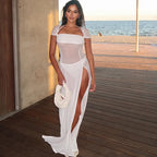 Women Clothing Solid Color Dress Sexy Mesh Stitching Pullover Midi Dress Slit Dress Dress Bella Mia