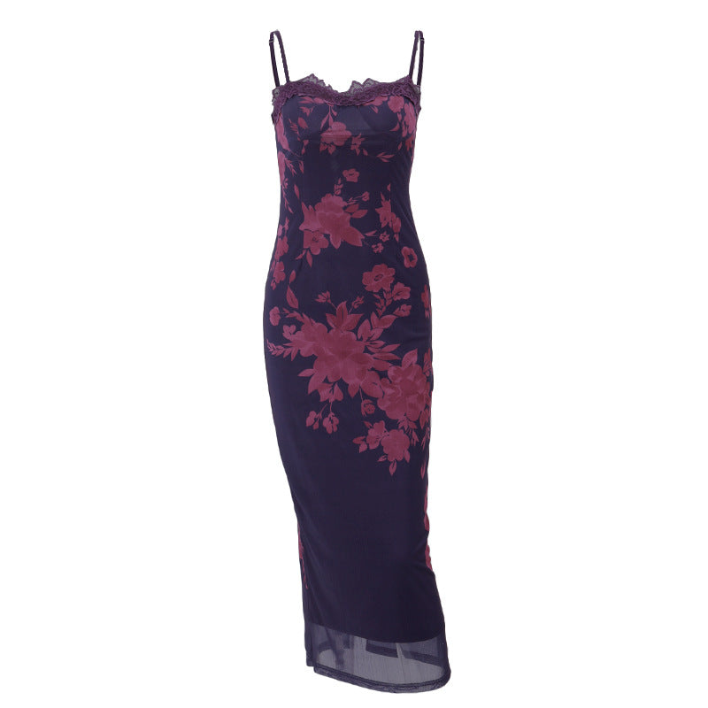 Spring Sexy Backless Lace Edge Vintage Printed Slit Dress Bella Mia