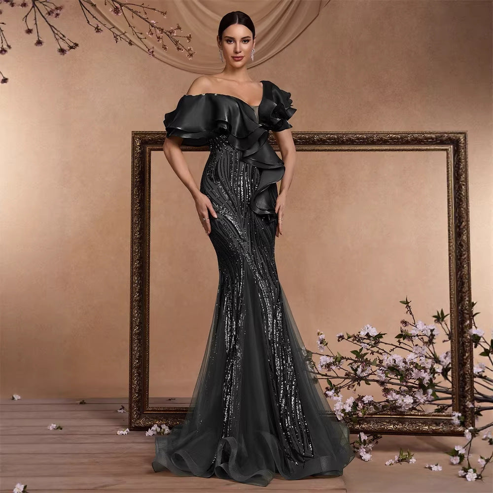 Elegant Ruffle Sleeve Sequin Elegant Cocktail Party Dinner Dress Backless Luxury Fishtail Graduation Evening Bella Mia