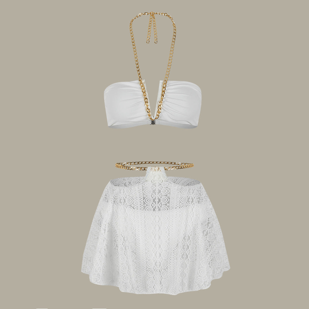 Women Chain Strap Split Swimsuit Bikini Skirt Three Piece Suit Pure Colored Fresh Bikini Bella Mia