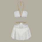 Women Chain Strap Split Swimsuit Bikini Skirt Three Piece Suit Pure Colored Fresh Bikini Bella Mia