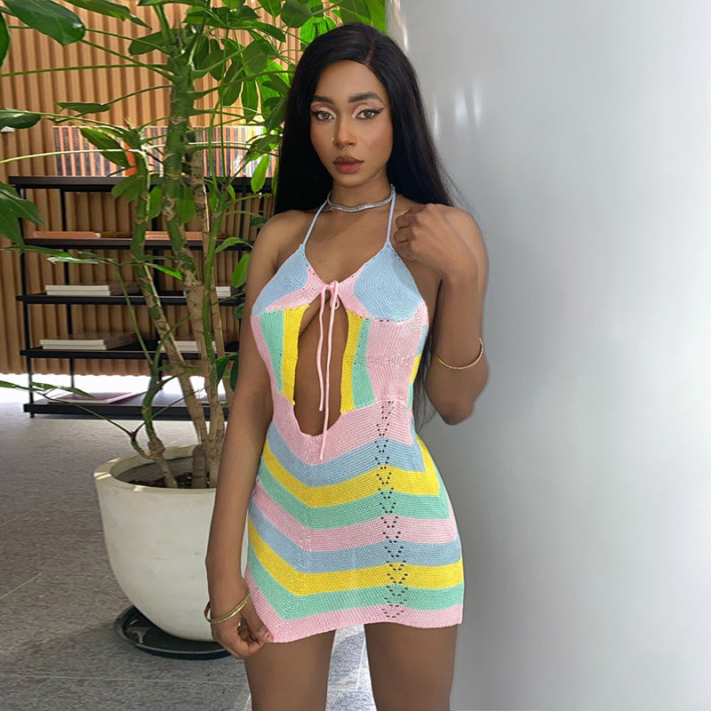 Wave Striped Contrast Color Product Mother Halter Straps Backless Chest Hollow Out Cutout Sexy Woolen Short Dress Women Bella Mia