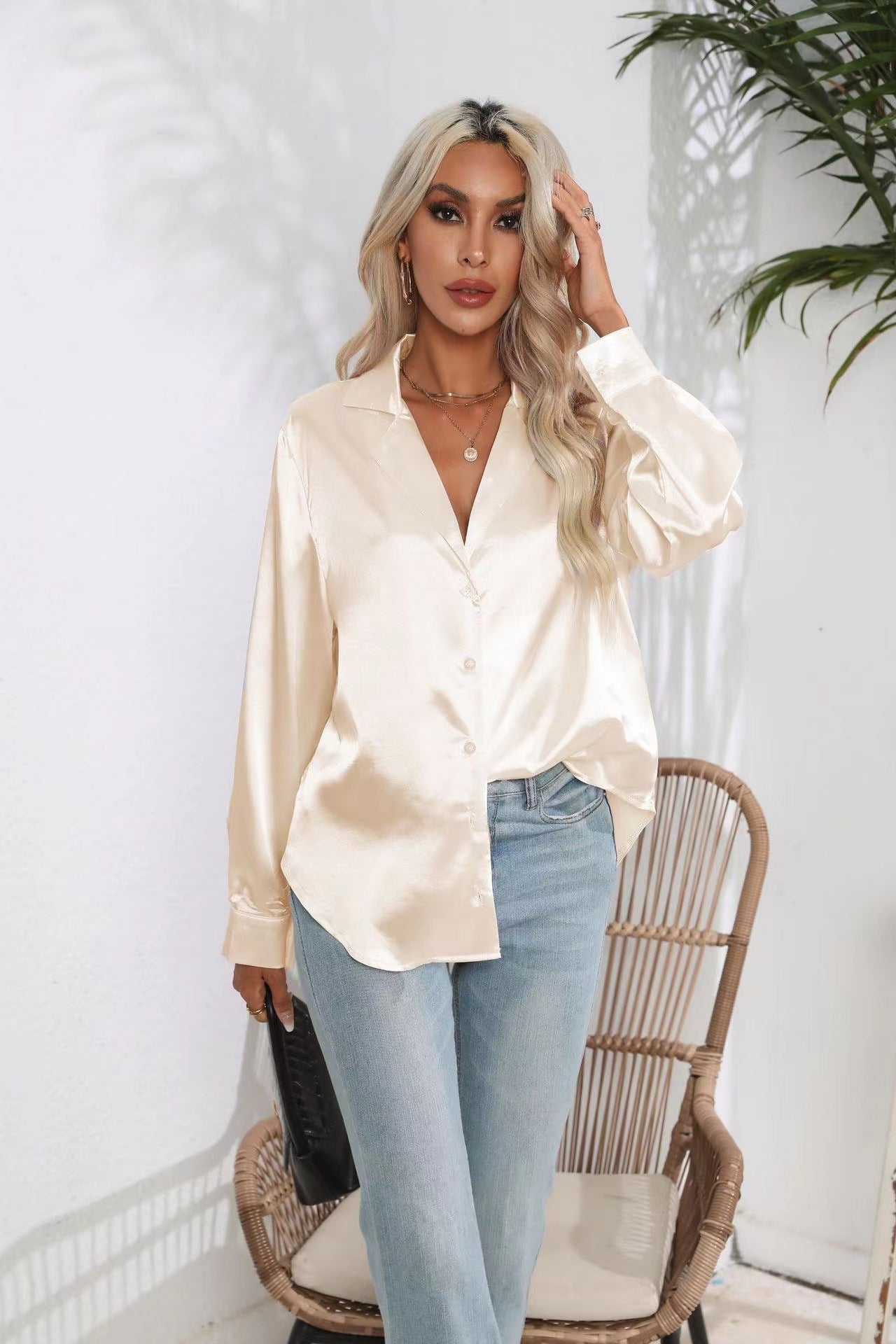 Popular Real Collar Satin Shirt Women Satin Artificial Silk Long Sleeve Shirt Women Clothing Bella Mia