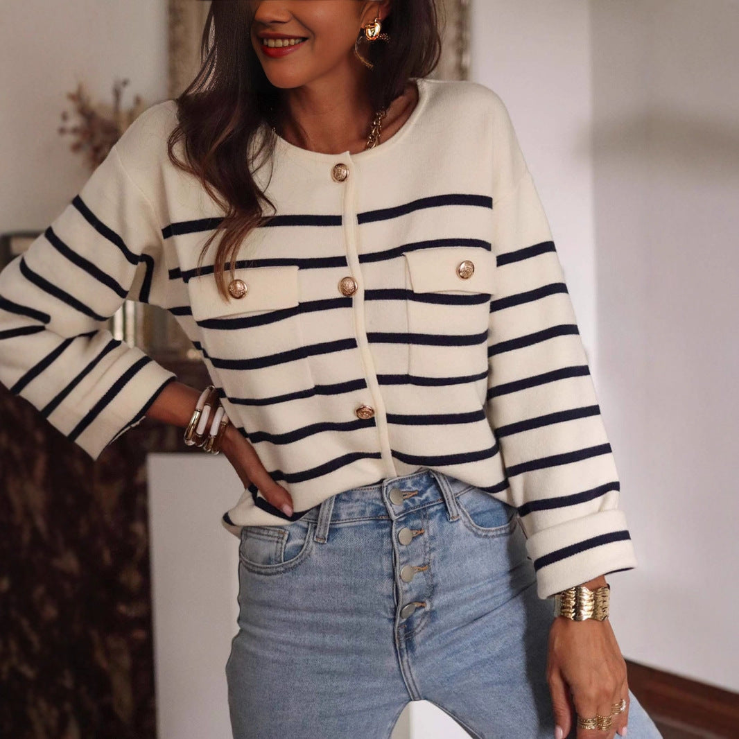 Sweater Autumn Winter Black White Striped Button Knitted Cardigan Casual Long Sleeved Sweater for Women Bella Mia