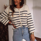 Sweater Autumn Winter Black White Striped Button Knitted Cardigan Casual Long Sleeved Sweater for Women Bella Mia