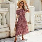 Women Floral off Shoulder Short Sleeve Retro Vacation Dress Bella Mia
