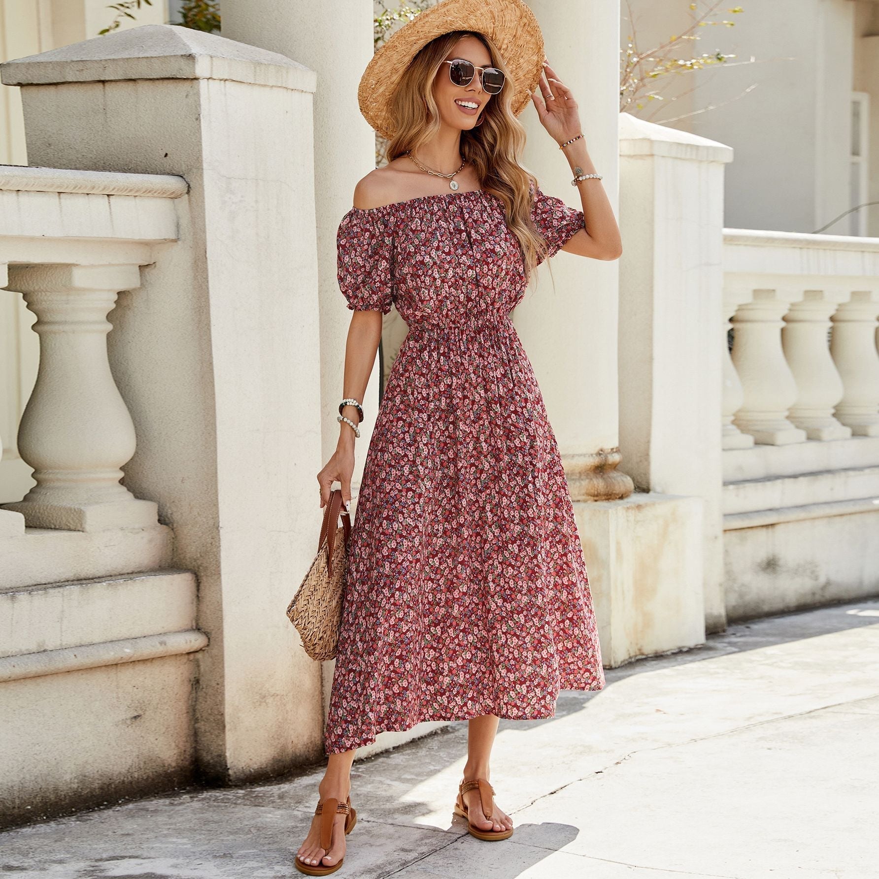 Women Floral off Shoulder Short Sleeve Retro Vacation Dress Bella Mia