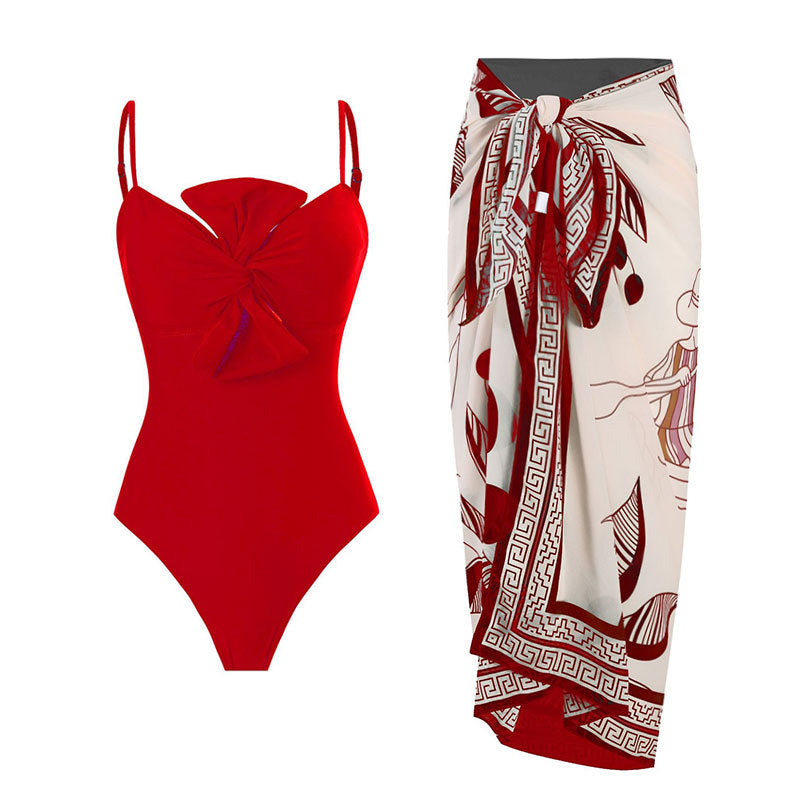 Bow Solid Color One Piece Women Swimwear Suit French Retro Cover Belly Slimming Swimsuit Bella Mia