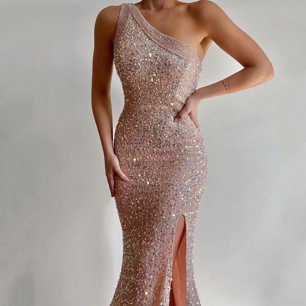 Women Clothing Pink Split Dress One Shoulder Sequ Dress Bella Mia