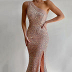 Women Clothing Pink Split Dress One Shoulder Sequ Dress Bella Mia
