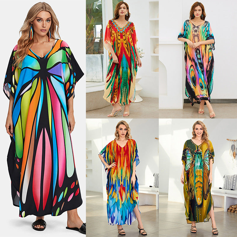 Rayon Printed Loose plus Size Robe Beach Cover up Vacation Maxi Dress Sun Protection Shirt Women Bella Mia