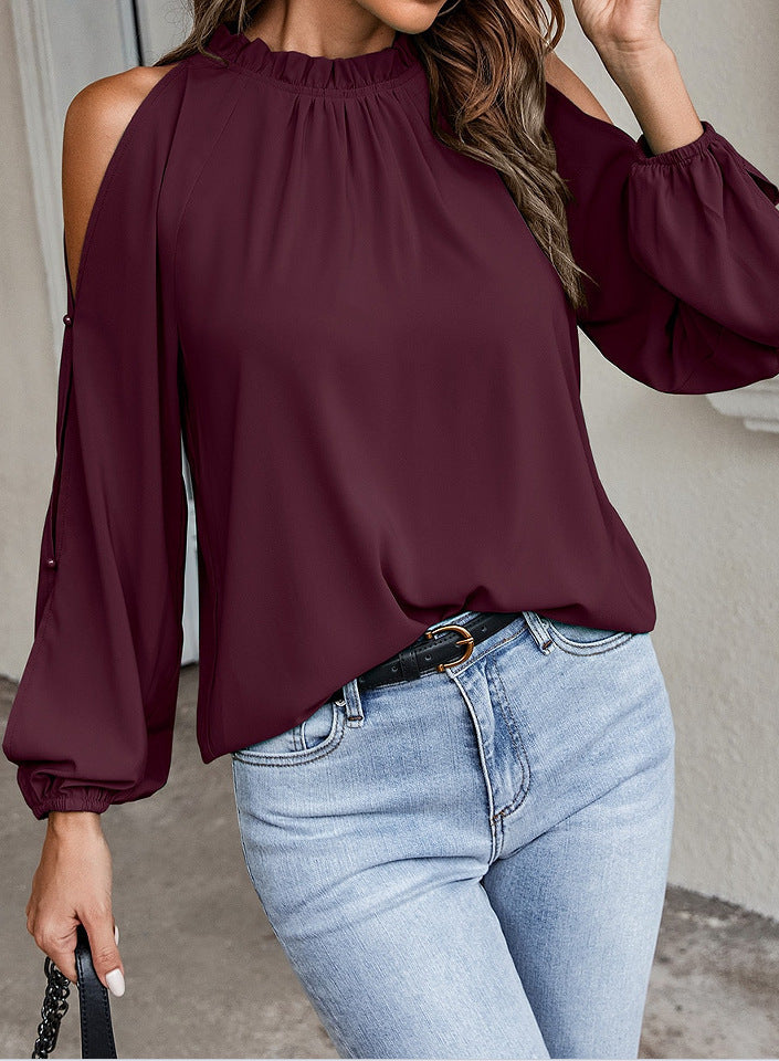 Autumn Winter Women Solid Color Lotus Leaf Round Neck Long Sleeve Pleated Off Shoulder Blouse Bella Mia
