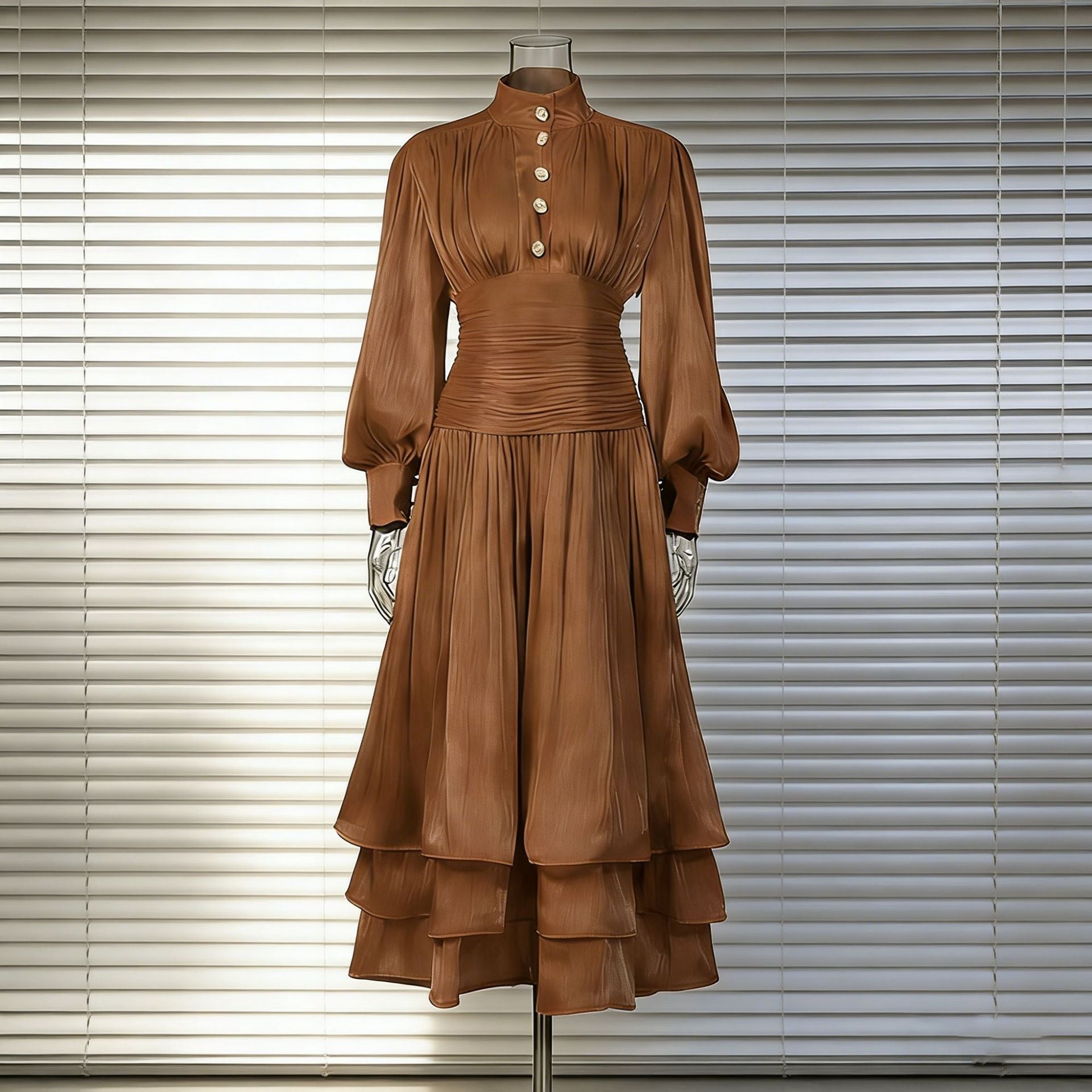 Spring Elegant Retro Lantern Sleeve Breasted Ruffled Maxi Dress Waist Slimming Dress Bella Mia