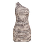 Women Clothing Spring Slim Sexy Cross Shoulder Bag Hip Pleated Print Dress Bella Mia
