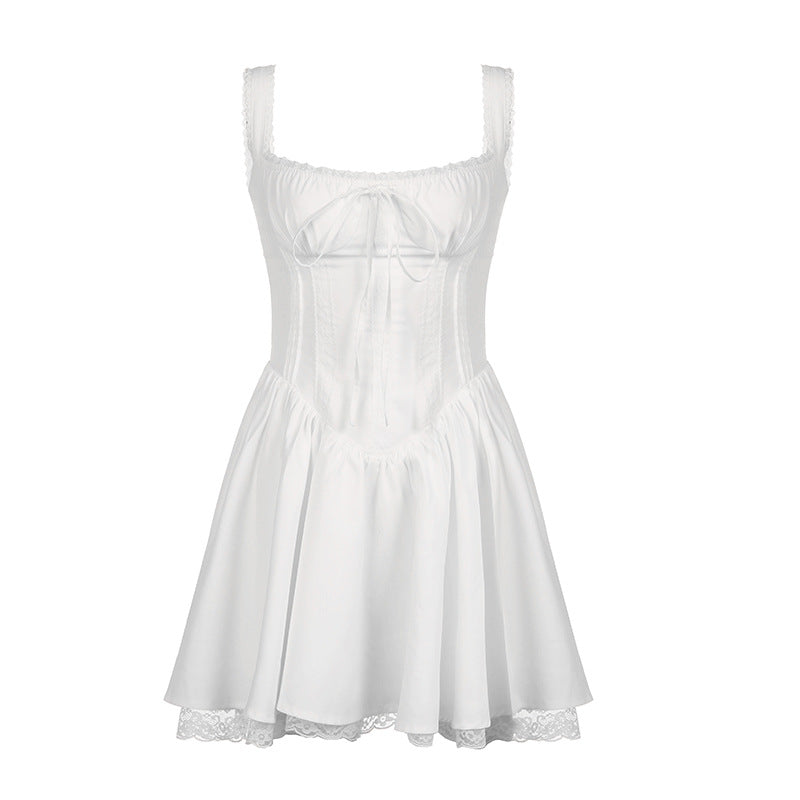 Lace Stitching Waist Pleated Waist Shaping Slimming Slip Dress French Tied Ballet Large Swing Dress Bella Mia
