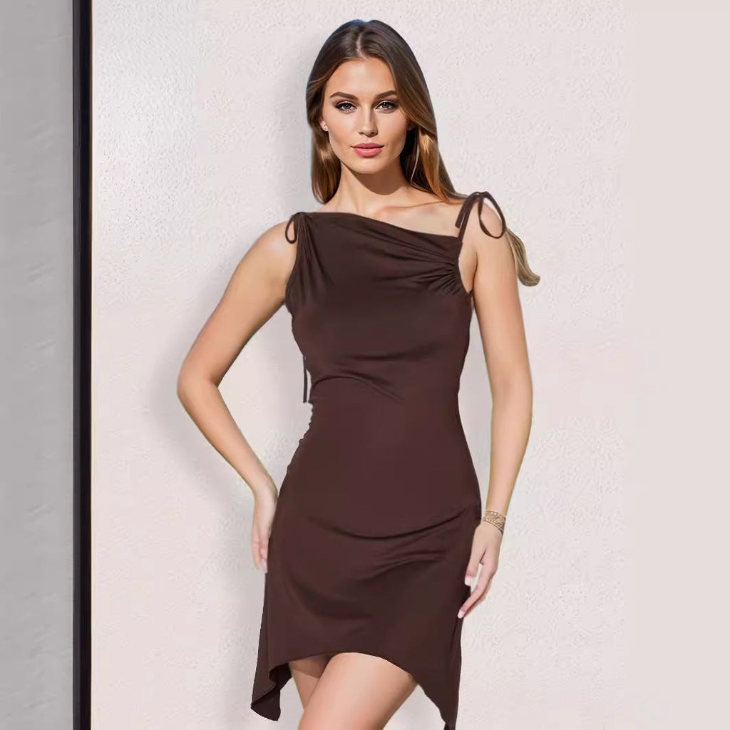 Women Clothing Summer Sexy Backless Irregular Asymmetric Pleated Straps Diagonal Collar Dress Bella Mia