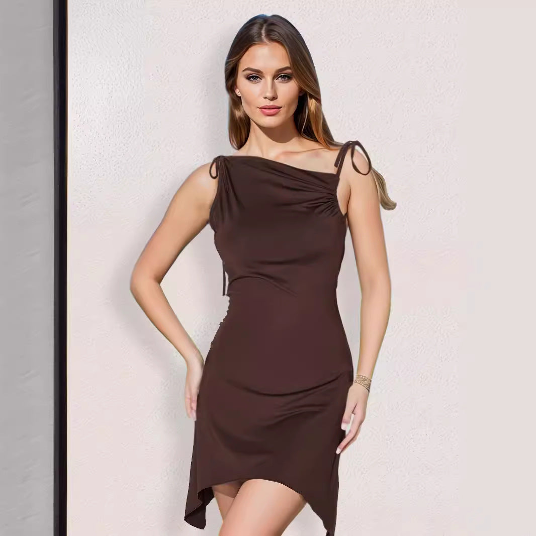 Women Clothing Summer Sexy Backless Irregular Asymmetric Pleated Straps Diagonal Collar Dress Bella Mia