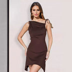 Women Clothing Summer Sexy Backless Irregular Asymmetric Pleated Straps Diagonal Collar Dress Bella Mia