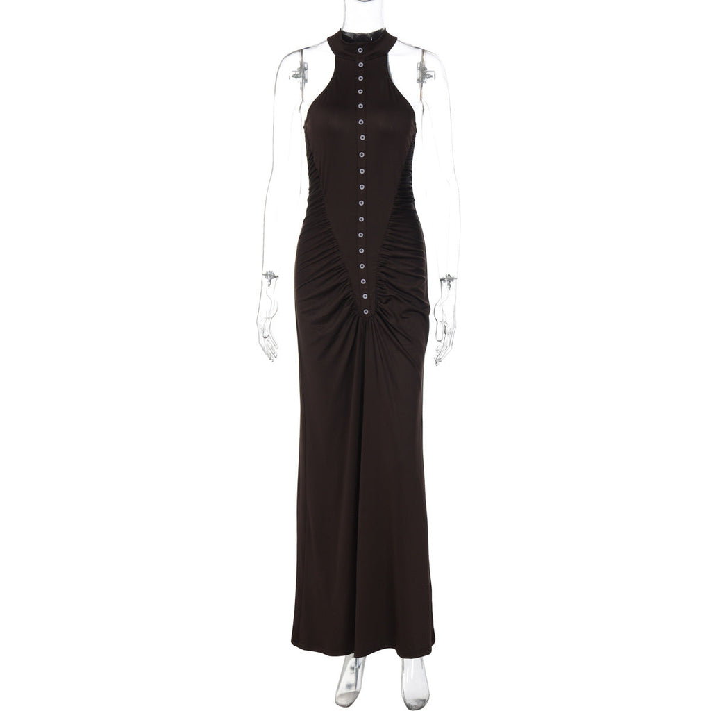 French Women Autumn Slim Fit Crumpled Button round Neck Sleeveless Dress for Women Bella Mia