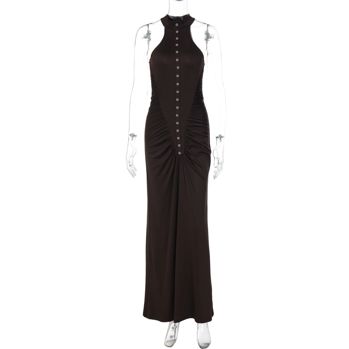French Women Autumn Slim Fit Crumpled Button round Neck Sleeveless Dress for Women Bella Mia