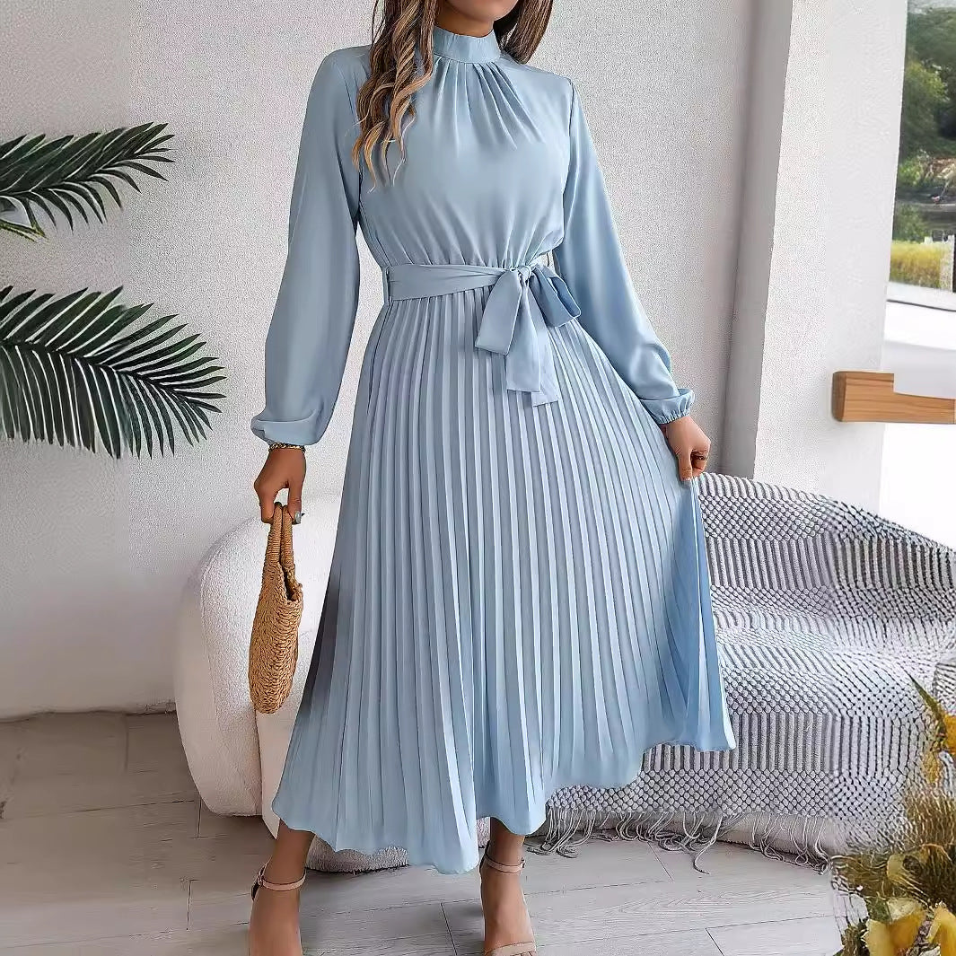 Autumn Winter Elegant Stand Collar Long Sleeve Cinched Pleated Maxi Dress Small Dress Women Clothing Bella Mia