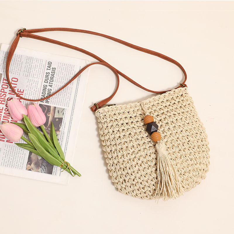 Supply Crossbody Straw Bag Wooden Bead Tassel Straw Bag Woven Bag Vacation Beach Bag Women Shoulder Bag Bella Mia