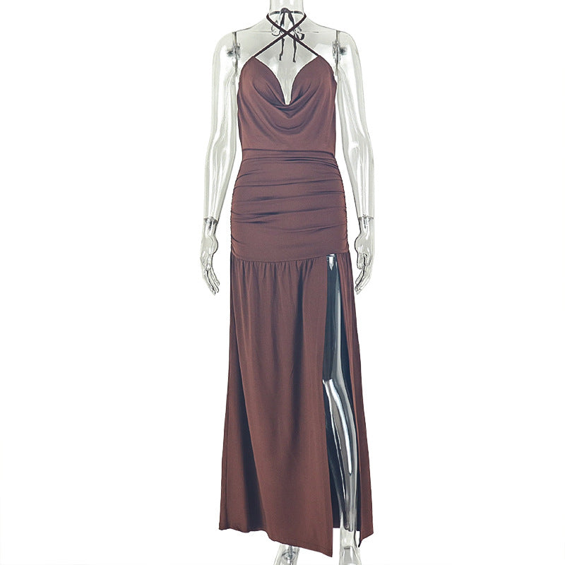 Women Clothing Solid Color Split Asymmetric Wrapped Chest Deep V Plunge neck Sexy Halter Dress