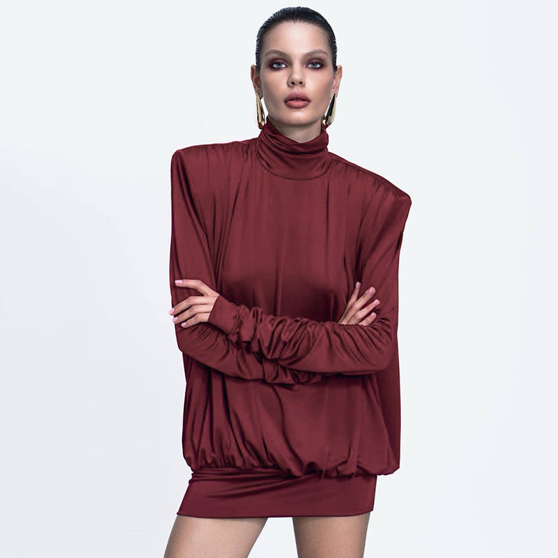 Women Clothing Autumn Winter Turtleneck Padded Shoulder Loose Pleated Sexy Backless Dress Bella Mia