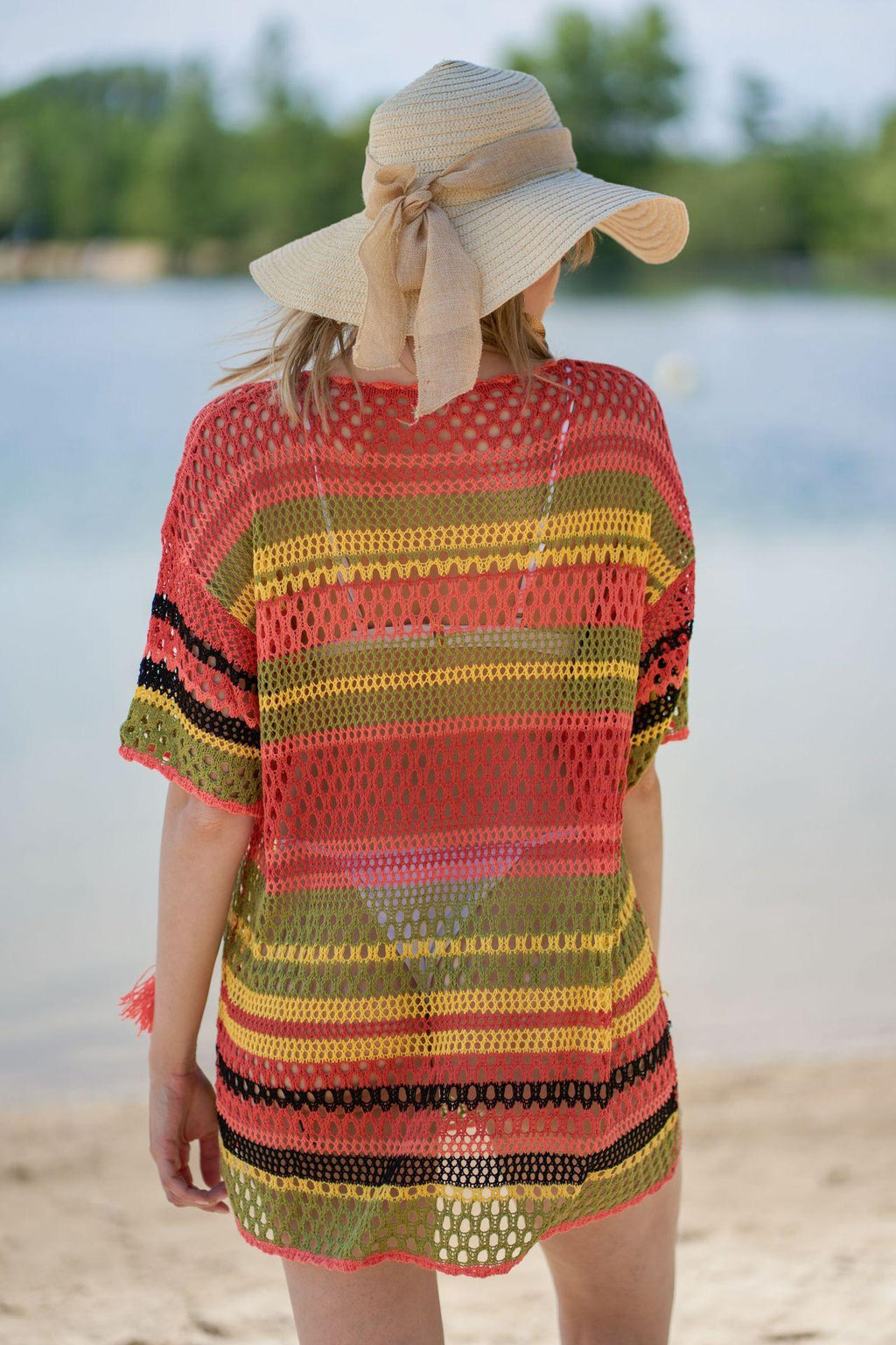 Knitted Color Stripes Beach Cover-up Sexy Hollow Out Cutout Vacation Sun Protection Shirt Bikini Swimsuit Blouse Bella Mia