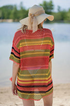 Knitted Color Stripes Beach Cover-up Sexy Hollow Out Cutout Vacation Sun Protection Shirt Bikini Swimsuit Blouse Bella Mia