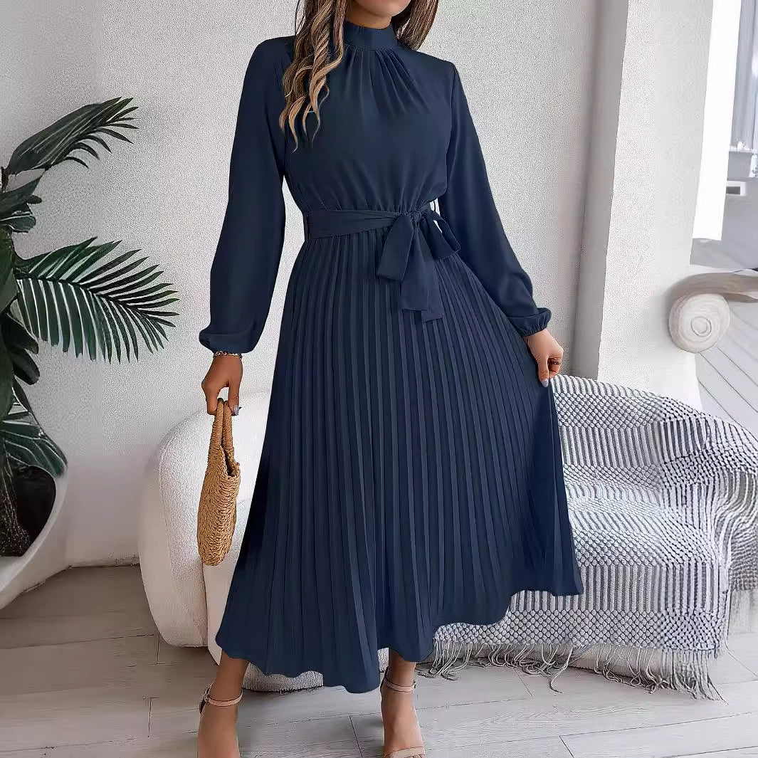 Autumn Winter Elegant Stand Collar Long Sleeve Cinched Pleated Maxi Dress Small Dress Women Clothing Bella Mia