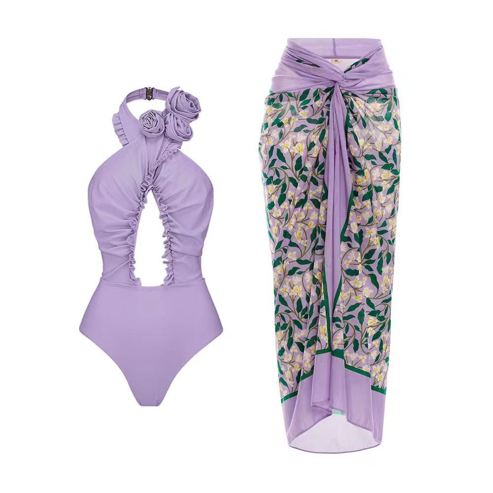 Lonkey French Two Sets Women Swimsuit Solid Color Flying Edge Cross Hollow Out Cutout-out Swimsuit Women Bella Mia