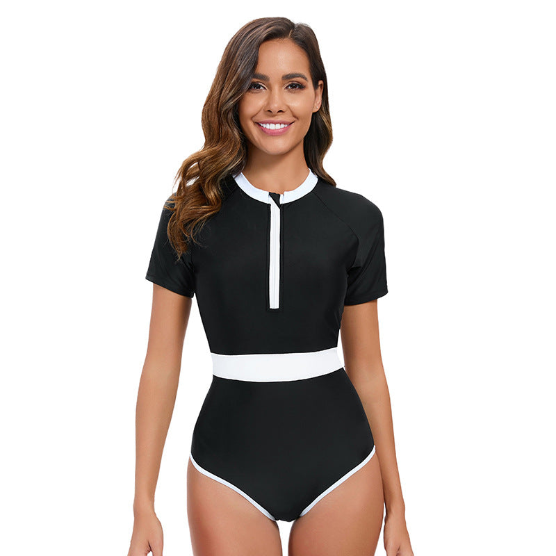 Arrival Color Matching Short Sleeve One Piece Swimsuit Women Sexy Tight Surfing Suit Triangle Swimsuit Bella Mia
