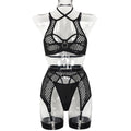 Sexy Underwear Metal Hollow Out Cutout Large Hole Mesh Bandage Sexy See Through Garter Four Piece Set Bella Mia