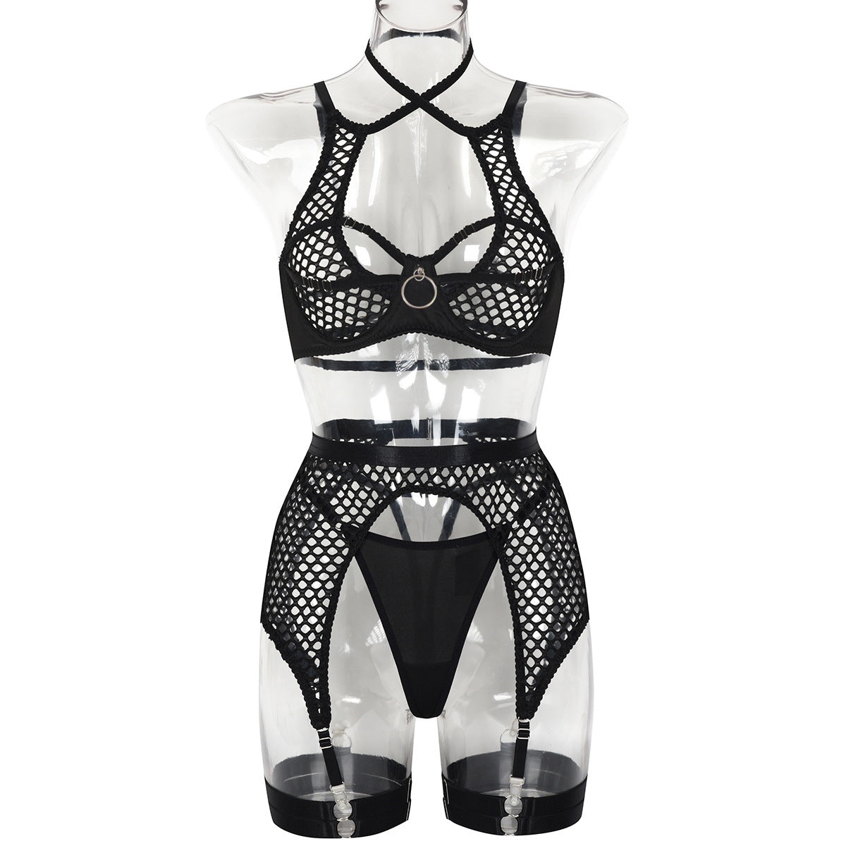 Sexy Underwear Metal Hollow Out Cutout Large Hole Mesh Bandage Sexy See Through Garter Four Piece Set Bella Mia