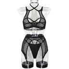 Sexy Underwear Metal Hollow Out Cutout Large Hole Mesh Bandage Sexy See Through Garter Four Piece Set Bella Mia