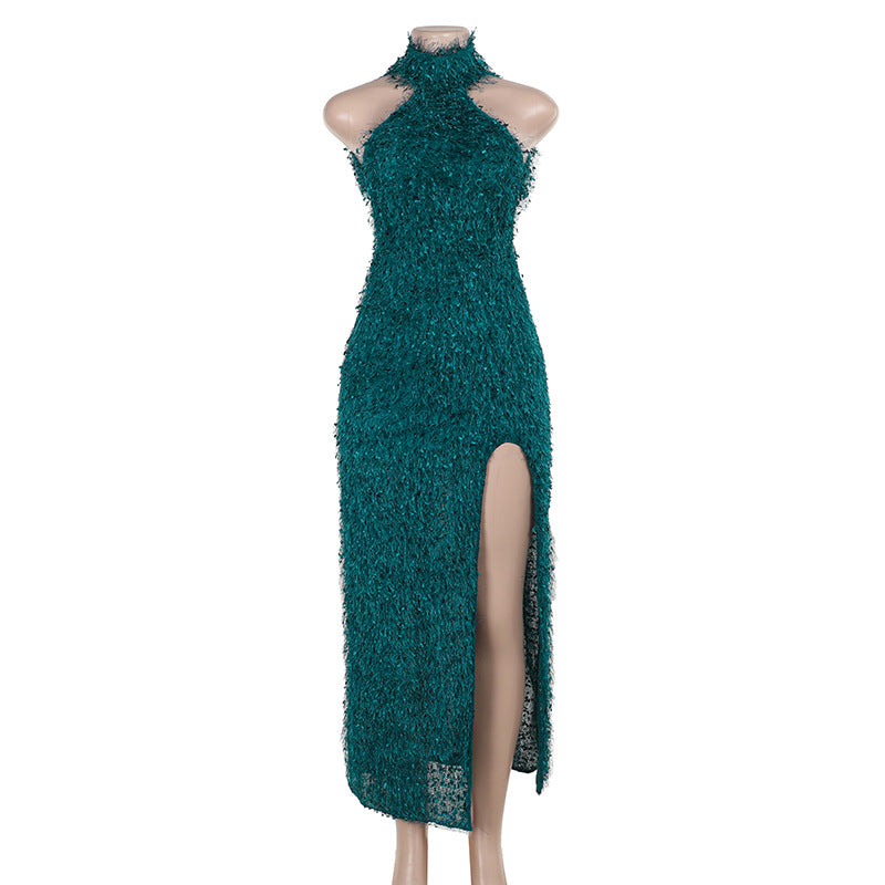 Halter Fur Texture Split Backless Dress Women Sexy Slim Fit Hip Bella Mia