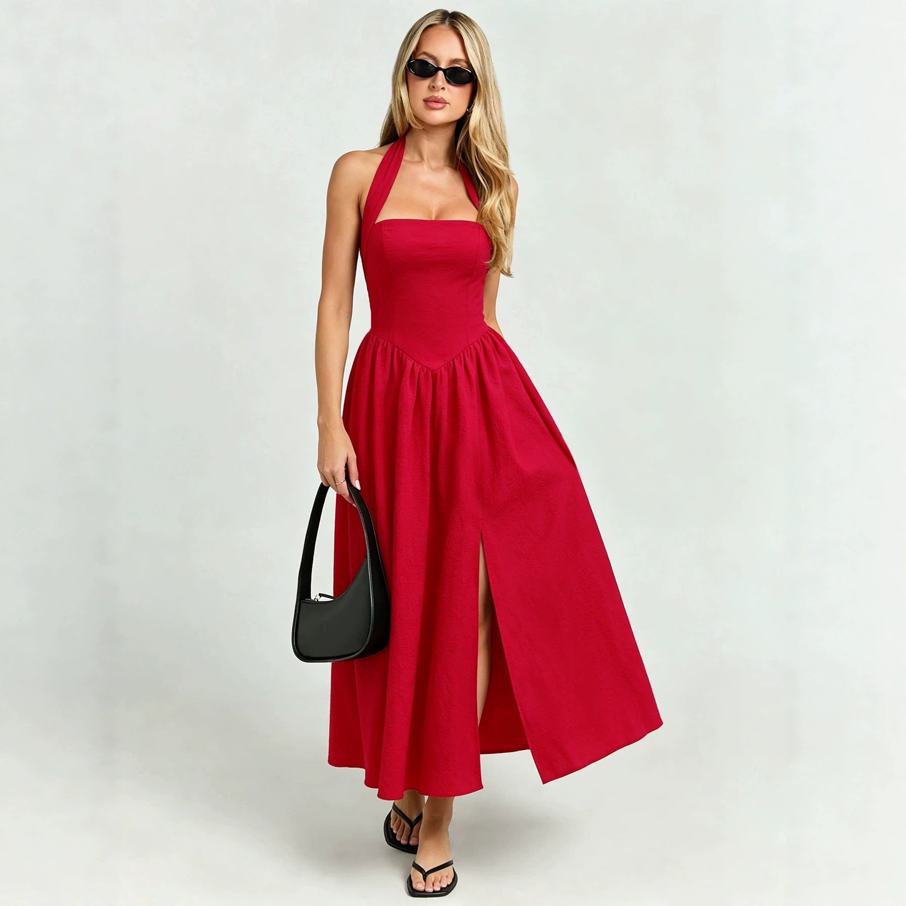 Halter Lace up Dress Women Backless Waist Trimming Large Swing Split Red Atmosphere Holiday Midi Dress Bella Mia