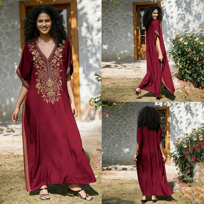 Embroidered Holiday Maxi Dress Seaside Beach Cover up Casual Dress Beach Cover Up Women