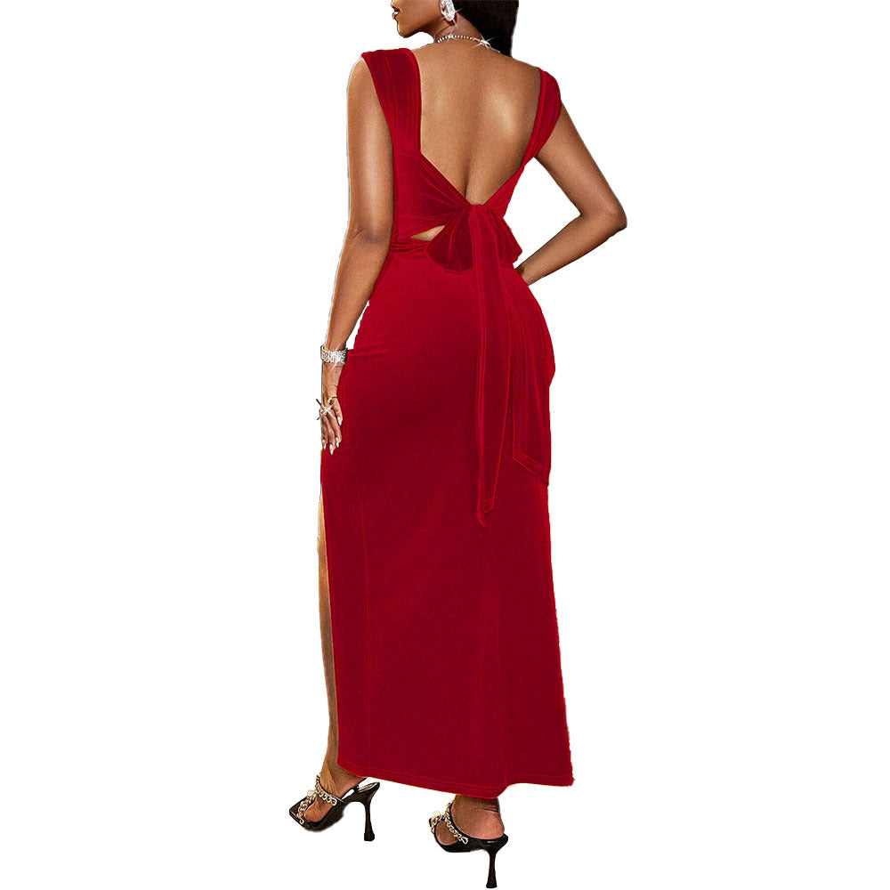 Velvet Party Sexy Elegant Square Collar Lace up Backless Waist Trimming Sheath Dress Bella Mia