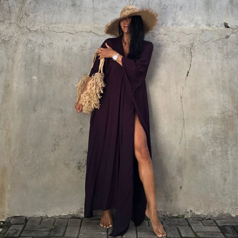 Rayon Solid Color Blouse Seaside Vacation Dress Loose Overclothes Bikini Swimsuit Robe Outer Wear Women Bella Mia