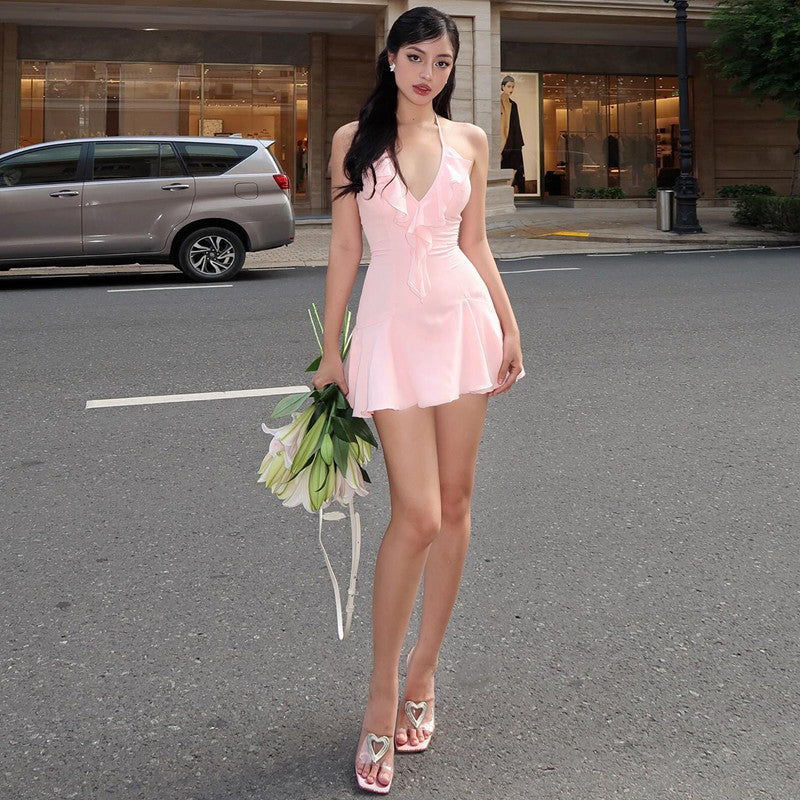 Summer Ruffled V neck Sexy Lace Backless Sheath Dress Women Bella Mia