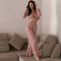 Autumn Winter Long Sleeve Lace up Trousers Two Piece Pajamas Knitted Sunken Stripe Ladies Homewear Bella Mia