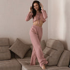 Autumn Winter Long Sleeve Lace up Trousers Two Piece Pajamas Knitted Sunken Stripe Ladies Homewear Bella Mia