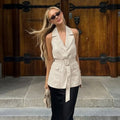Design Cotton Linen Khaki Tooling Sleeveless Waist Blazers Collar Vest Women Slimming Top Bella Mia